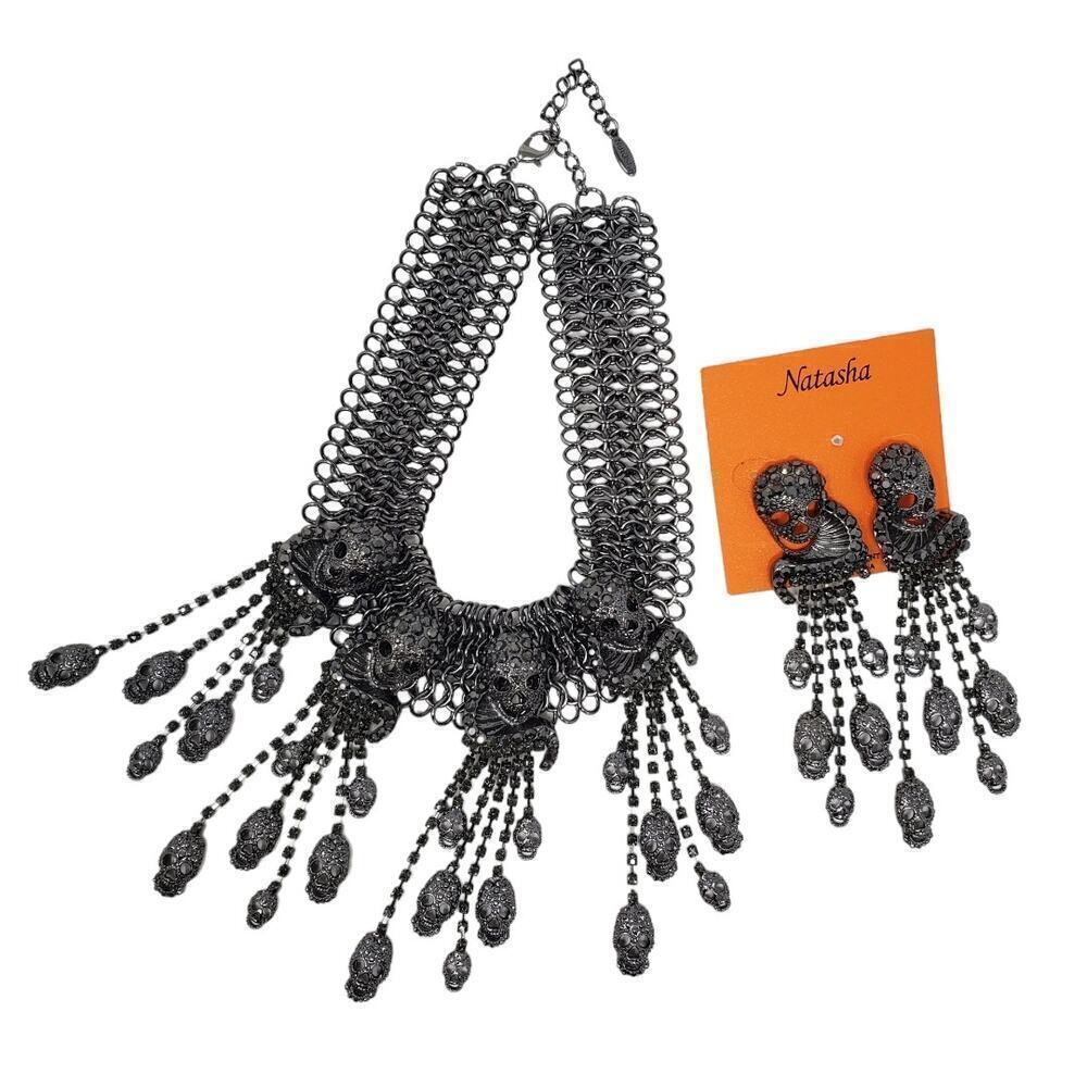 Natasha Gothic Rhinestone Gun Metal Skull Statement Necklace & Earrings Set